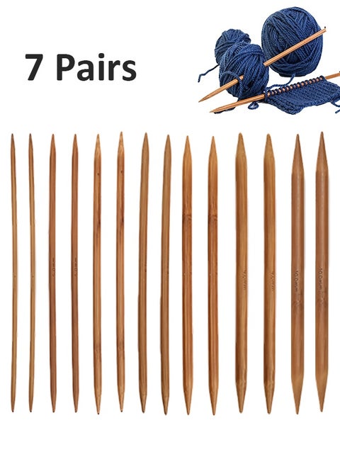 مجموعة من 7 أزواج من إبر الحياكة المصنوعة من الخيزران، مصنوعة من الخيزران الطبيعي، إبر حياكة خشبية طويلة، إبر خشبية مستقيمة ذات رأس واحد، إبر حياكة خشبية للمبتدئين لصنع السترات والشالات والأوشحة